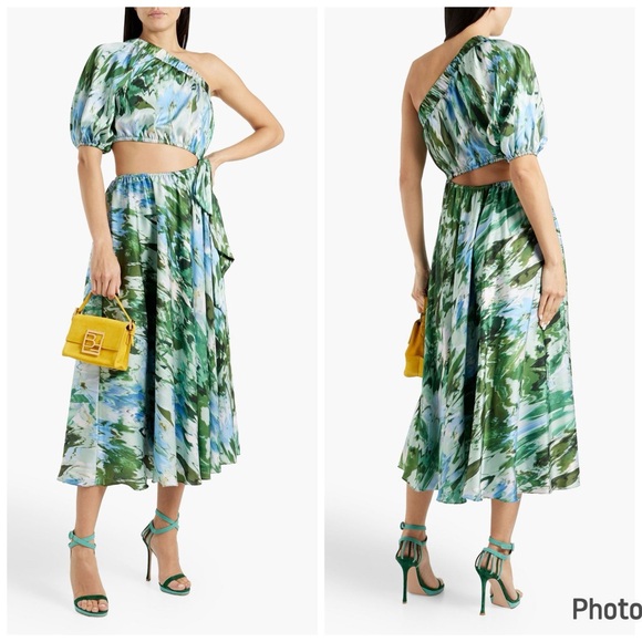 ML‎ Monique Lhuillier One Shoulder Cutout Printed Satin Twill Midi Dress Green 4 - Picture 1 of 9